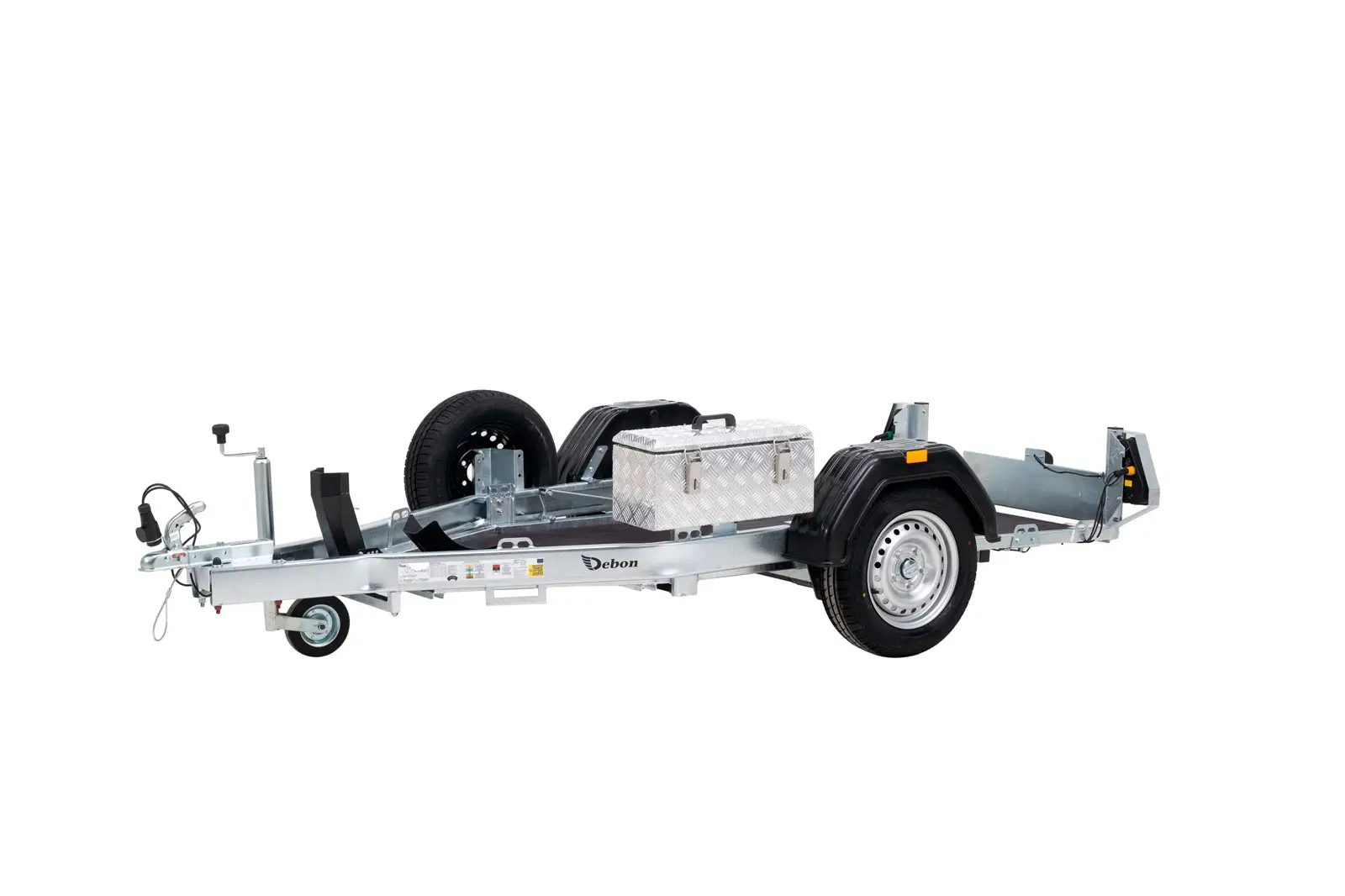 Remorque porte moto Debon Trailers vue arrière avec caisse à outils